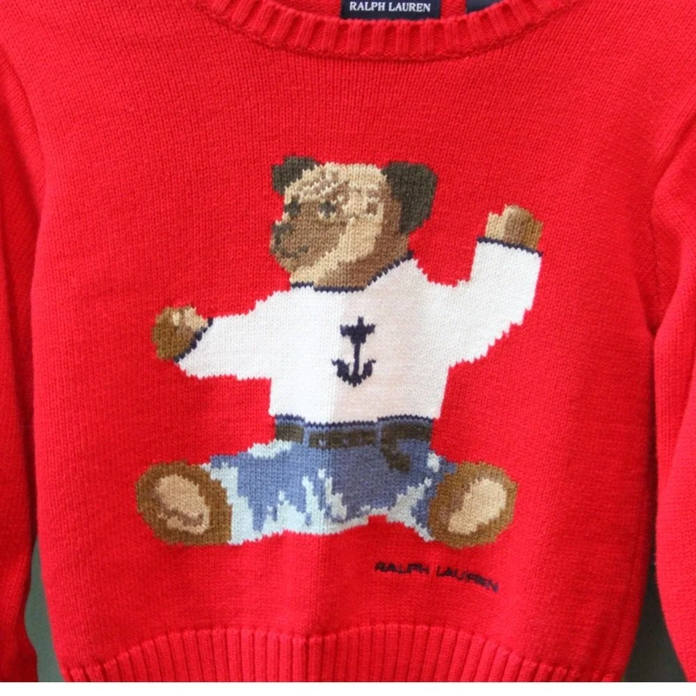 Vintage Ralph Lauren Kids Red Cotton Nautical‎ Bear Knit Sweater Size 4/5